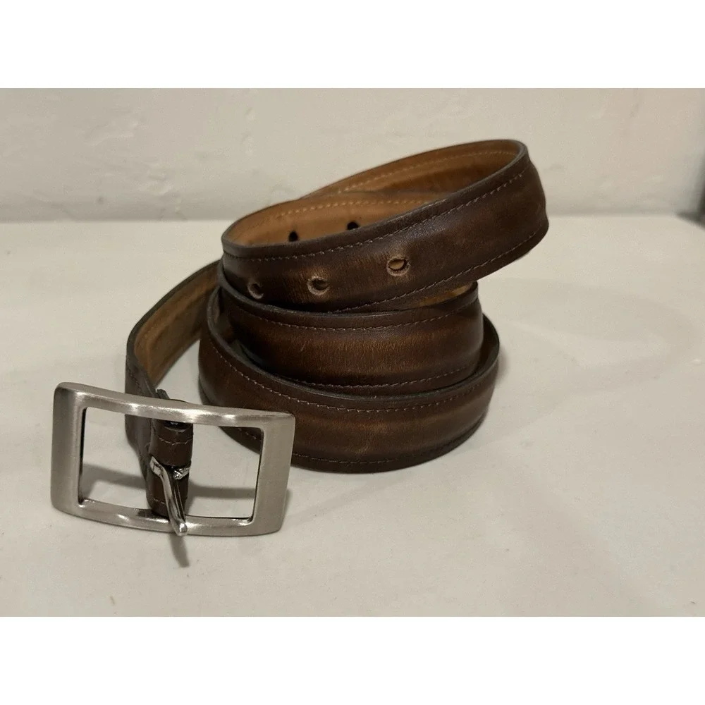 Vintage Brown Leather Dress Belt 38 Men Paneled Casual Silver Large Buckle 45